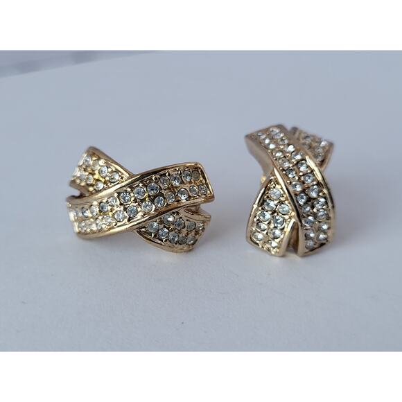 Roman Crossover X Faux Diamond Earrings Signed Vintage Gold Tone Pierced - Picture 6 of 7